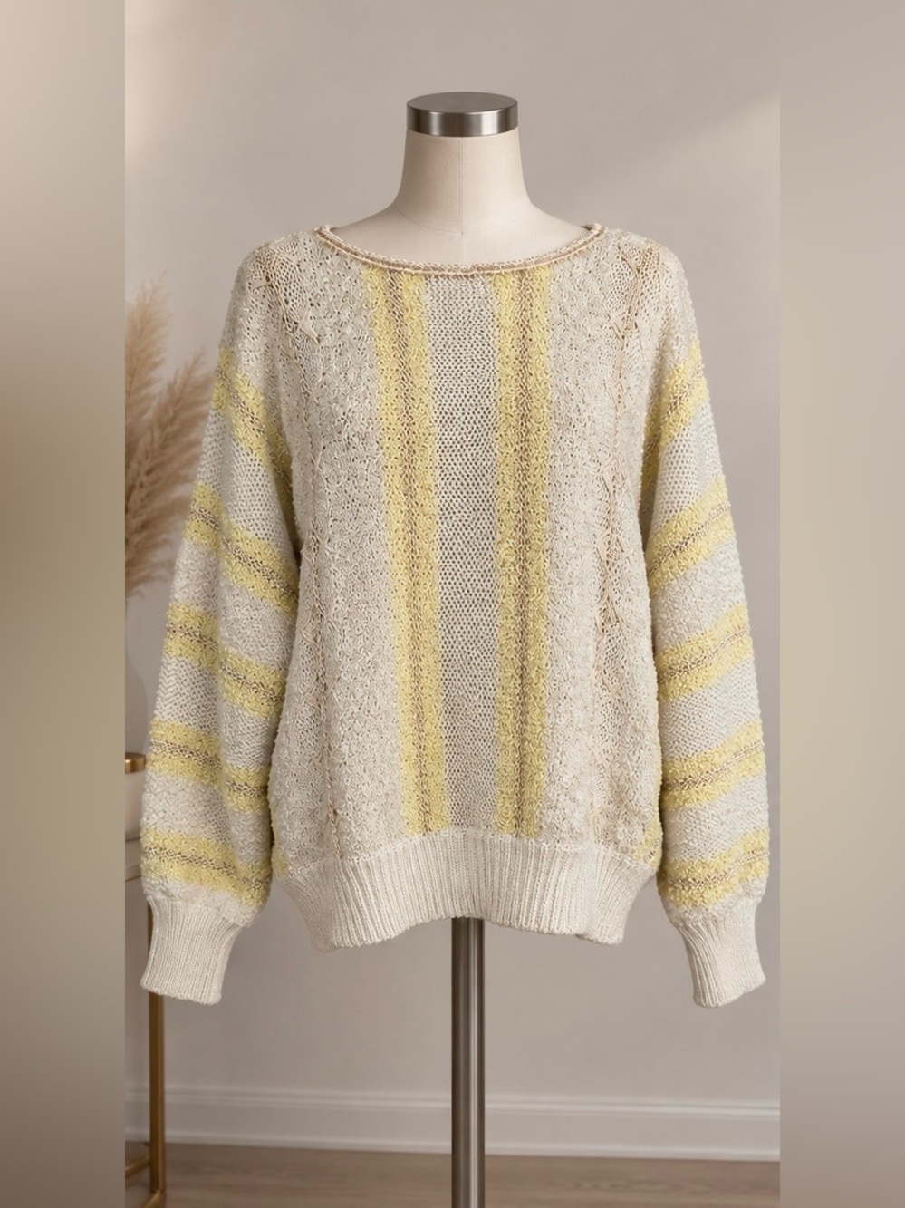 Cream Crewneck Sweater with Soft Yellow Stripes